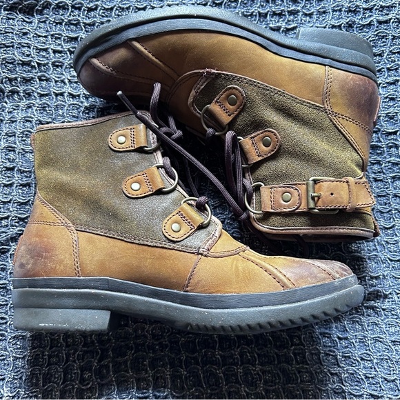 Ugg Tan Leather Cecile Fleece Lined Waterproof Lace Up Duck Boots Size 6 - Picture 6 of 15